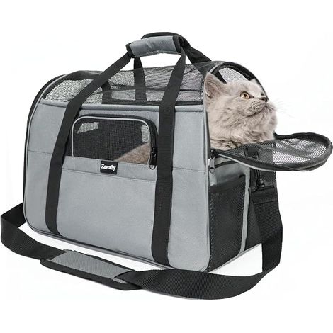 Zavothy Sac Transport Chat Chien, Sac Transport Respirant et Pliable, Caisse de Transport Chat avec Bandoulière Réglable, Matelas en Peluche Amovible, M, Gris (1/5)