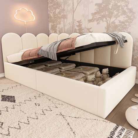 REDOM Lit simple 90x190 cm, avec rangement hydraulique, cadre de lit à lattes métalliques, revêtement en velours, beige(sans matelas)