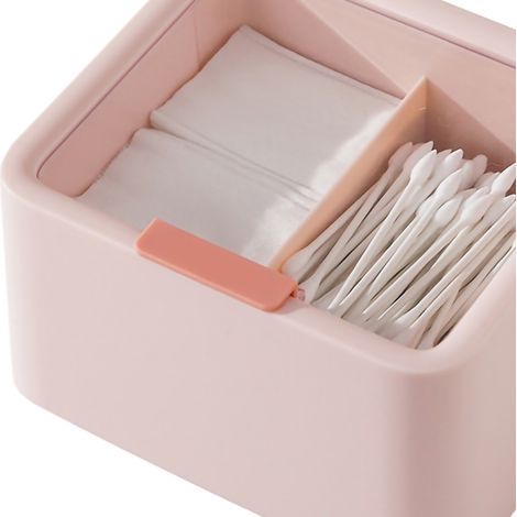 Boîte de rangement cosmétique en plastique anti-poussière à double compartiment avec couvercle pour maquillage, cotons-tiges et fil dentaire rose (1/5)