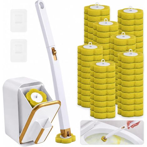 Brosse WC jetable avec 60 recharges de nettoyant jaune, brosse WC jetable avec support, pour le nettoyage de salle de bain, baignoire, lavabo (1/5)