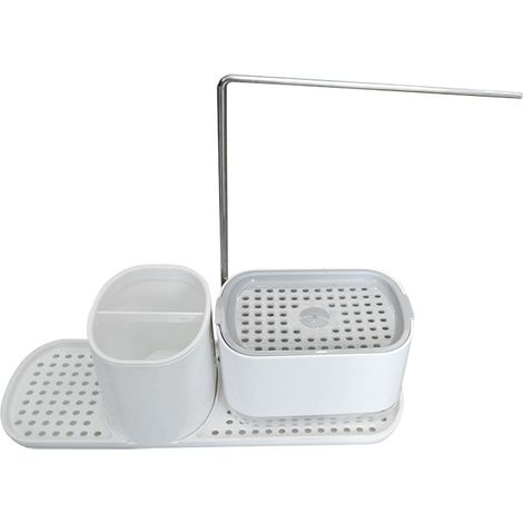 Étagère de Cuisine en Acier Inoxydable avec Distributeur de Savon à Pression Manuelle et Porte-Chiffons, Organisateur de Comptoir pour Liquide Vaisselle et Boîte à Savon, Modèle 1886 Blanc-lsw (1/2)