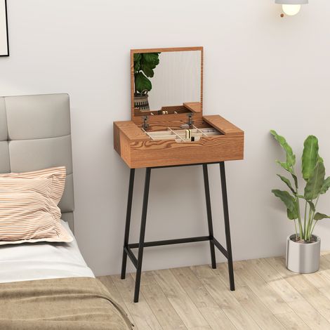 Tocador con espejo abatible, tocador industrial con 16 pequeños compartimentos para dormitorio, efecto madera natural.