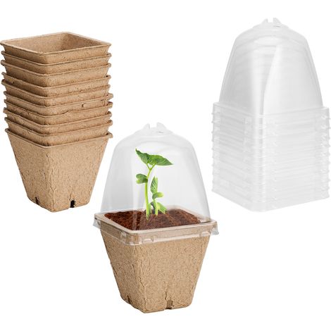 Coffrets Pots de Culture Biodégradables et Propagation avec Dome d'Humidité - [10 Sets de Pots en Pulpe recyclée/PP - Diamètre 6/8 cm - Système Drainage] (1/5)