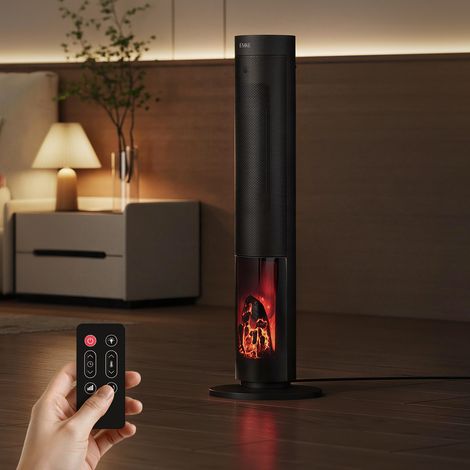 EMKE Mobiler Säulen-Heizlüfter mit Flammeneffekt, Keramikheizung, 2000 W Schwarz, 80° Oszillation, Timer, Fernbedienung (1/5)