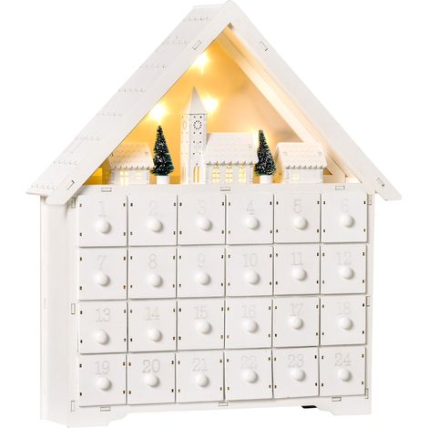 Calendario dell'Avvento  39x9x42 cm 24 Cassetti Villaggio di Natale con Alberi e Luci Bianco