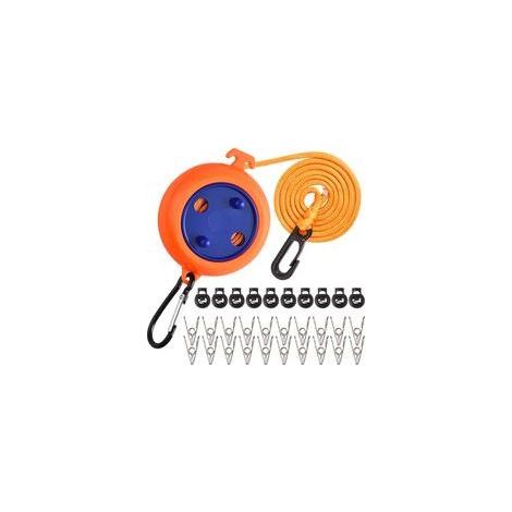 Étendoir à linge rétractable de 10 m pour le camping, avec 10 boucles fixes et 20 pinces à linge, portable et rétractable pour une utilisation intérieure et extérieure. (1/5)