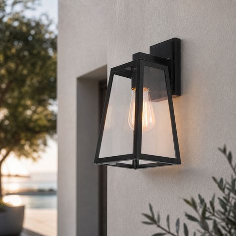 Applique murale extérieure étanche IP65 en aluminium et verre, 12W LED 3 couleurs, design trapèze noir pour jardin terrasse (1/4)