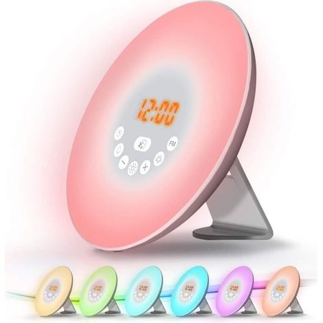 Beleuchtete Radiowecker-Nachttischlampe mit Touch-Steuerung, LED-Weckerlicht, Sonnenaufgangs-, Sonnenuntergangs- und Schlummerfunktion, 6 Naturgeräuschen und 7 Farben (1/4)