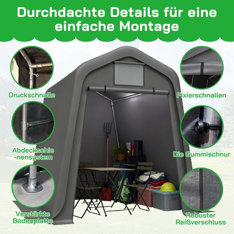 Abri de jardin gris 245 x 183 x 217 cm – Utilisation polyvalente : abri de jardin, abri à vélos ou carport. Matériau PE imperméable avec stores enrouleurs. Résistant aux UV et au vent. Montage facile. (1/5)