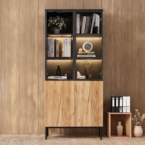 Vitrine avec éclairage LED 180 cm portes en verre étagères (1/5)