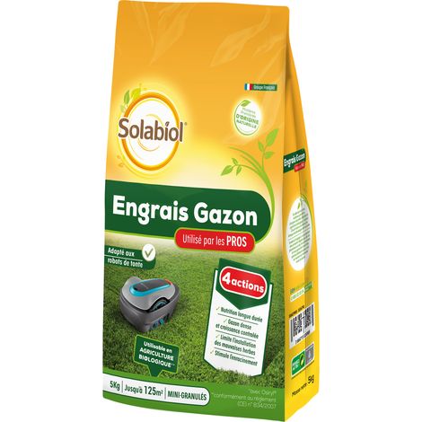 Engrais gazon professionnel 5kg – Stimulateur racinaire Osiryl® – Croissance contrôlée pour robots tondeuses – 250m² par application – Solabiol (1/6)