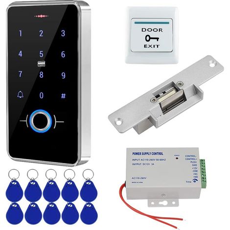 Kit de Système de Contrôle d'accès de Porte Ensemble d'empreintes Digitales Biométriques Clavier RFID étanche + Alimentation + Serrure électrique + 10pcs porte-clés RFID (1/5)