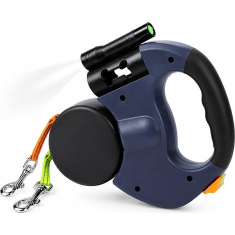 Laisse Rétractable Double pour Chiens, Poignée Ergonomique, avec Lampe de Poche et Distributeur de Sacs