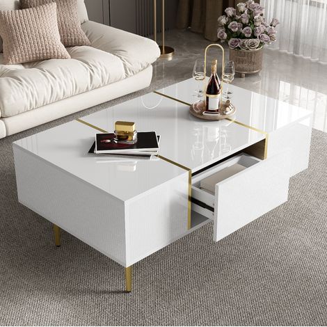 MODFU – Table basse 100x60x41,5 cm – 2 tiroirs – Blanc brillant/doré – MDF – Blanc (1/5)