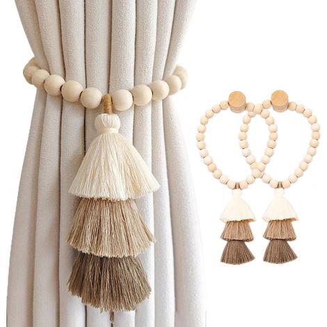 Accroche-rideau, marron, support magnetique a perles pour tentures, fixation sans perçage pour rideaux legers, finition bois naturel decoratif, installation rapide sur barre metalique, format compact (1/5)