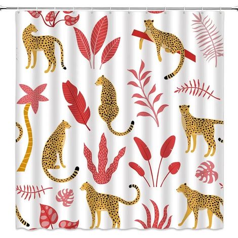 Rideau de douche bohème guépard, rideau de bain léopard tropical, rideau de salle de bain rose moderne à motif floral bleu et phases de lune, 240 x 180 cm - 94 x 70 pouces