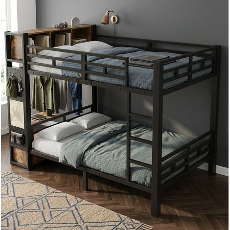 Letto a castello 120x200 cm in metallo nero con contenitore, barra, cassetto e ripiani DESVIAE (1/5)