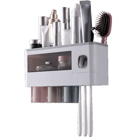 Porte-brosse à dents mural magnétique multifonction, rangement salle de bain avec tiroir, distributeur dentifrice, 3 gobelets gris translucide 31.4x11.3x20cm (1/5)