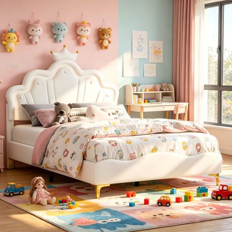 Lit Filles rembourré,lit princesse enfant 140x190 Lit double,Cadre de lit d'Enfant et d'Ado avec LED, tête de lit Couronne et réglable en Hauteur,Rose+Blanc (1/5)