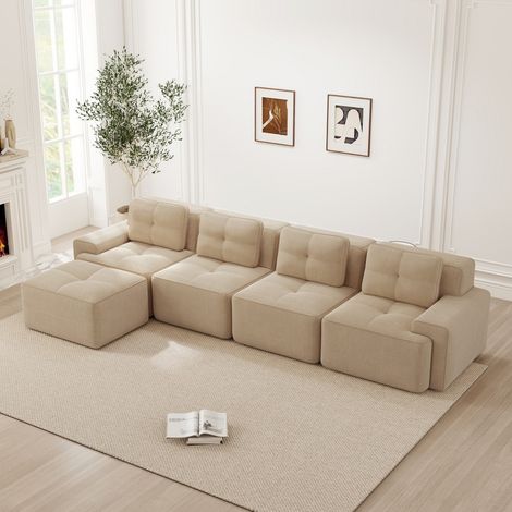 Sofá modular en L de 382 x 177 x 69 cm - Sofá esquinero XXL de 4 plazas con chaise longue de terciopelo acanalado y asiento profundo - Beige (1/5)