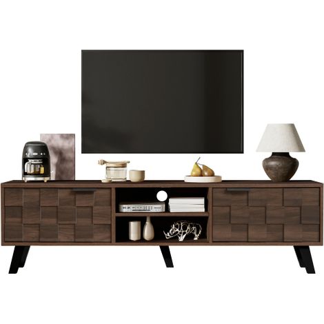 Meuble TV bois foncé 160.5x35.5x45cm 2 portes 2 étagères ouvertes design rustique (1/5)