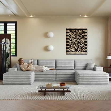 Canapé d'angle 340 cm en mousse sans os avec méridienne en L, canapé modulable moderne à assise profonde, livré monté, canapé compressible pour salon, chambre, appartement, gris (1/5)
