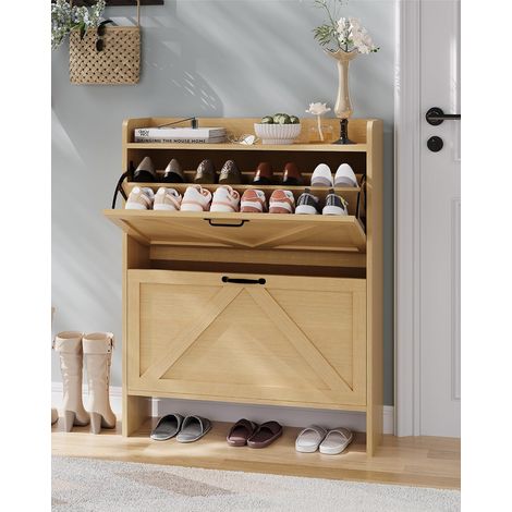 Meuble à chaussures étroit avec 2 tiroirs basculants – Armoire fermée et discrète, rangement gain de place – Pour entrée, couloir, salon ou chambre – Bois naturel (1/5)