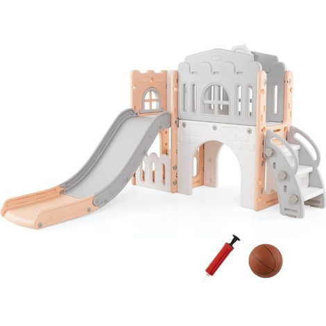 Toboggan 9 en 1 pour tout-petits 176 x 138 x 102 cm avec ballon et gonfleur style sécurisant en HDPE rose