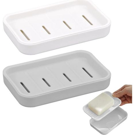 Stilvolle Seifenschale kompakt 2er Set grau und weiß Kunststoff 12,5 cm x 9 cm x 2 cm (1/5)