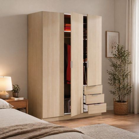 Dmora Guardarropa Warren, Armario dormitorio con 3 puertas y 3 cajones, Mueble con 3 baldas y barra perchero, cm 121x52h180, Roble, con embalaje reforzado (1/5)