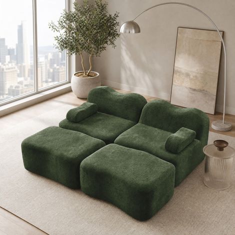 Sofá modular de 2 plazas con 2 otomanas, terciopelo verde, 192 x 167 x 70 cm, OKWISH (1/5)