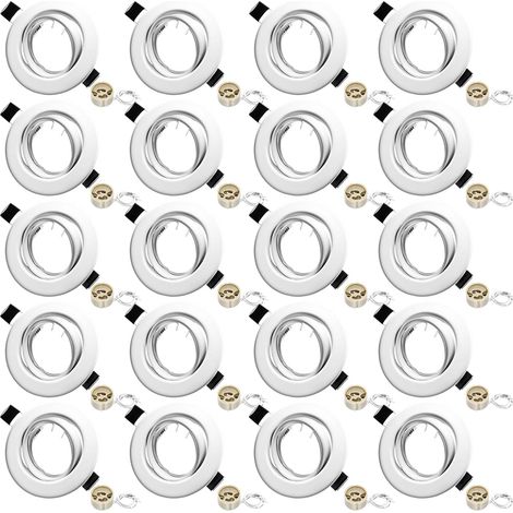 Lot de 20 Projecteurs Encastrables GU10, Cadre Blanc Mat Douille céramique, orientables à 30°, Ø 68-80mm. Pour ampoules LED/halogènes 50mm. Ampoule non incluse. (1/5)
