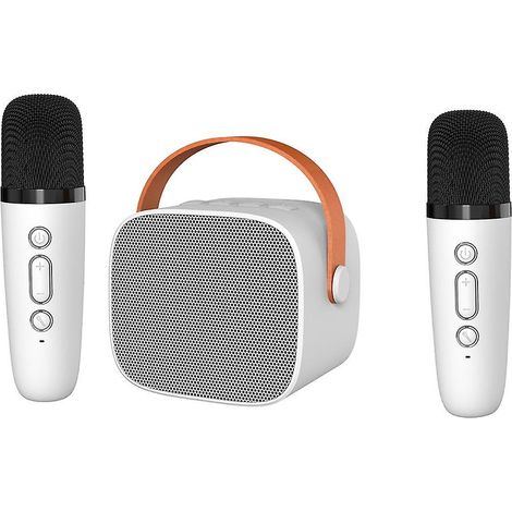 Mini enceinte Bluetooth portable avec 2 microphones sans fil pour adultes, 18 pistes préchargées, blanche. (1/5)