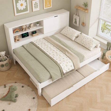 Canapé-lit double 140x190 cm avec lit gigogne 90x190 cm, structure blanche avec rangement dans le dossier, niche ouverte et coffre caché, station de charge USB/USB-C, sommier à lattes, sans matelas, i (1/5)