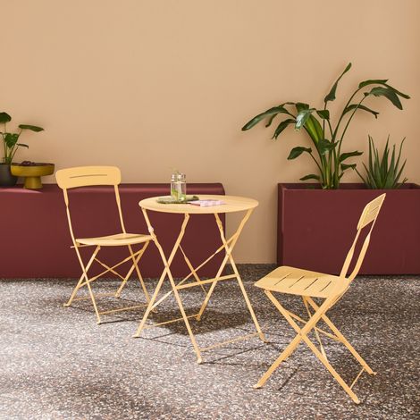 Table de jardin bistrot pliante ronde acier + 2 assises abricot - Balconea (1/5)