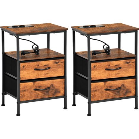 Tables de Chevet Lot de 2 avec Prises et Ports USB, Marron Vintage Chaque table comprend 2 prises, 2 ports USB, câble 1,5 m, 2 tiroirs en tissu et étagère pour chambre et salon (1/5)