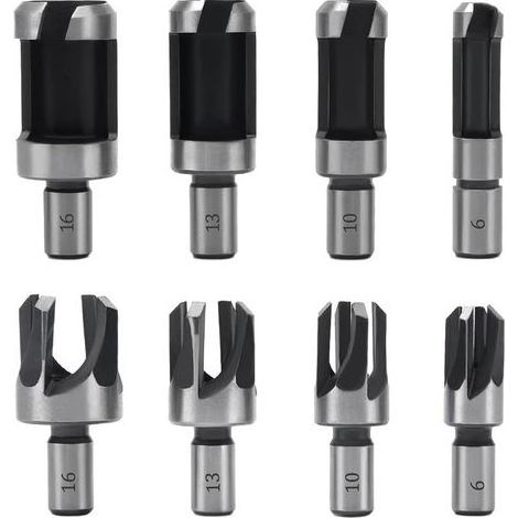 8 Pièces Fraise à Bouchonner Bois, Mèche à Bouchon Bois 6 mm/10 mm/13 mm/16 mm, Acier Carbone Bois Plug Perceuse pour le Travail du Bois, Forets à Bo (1/5)