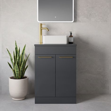 Napoli 390 Gloss Grey 600mm 2 Door Vanity Unit for Countertop Basins - 600mm - Brushed Brass 160mm Handle