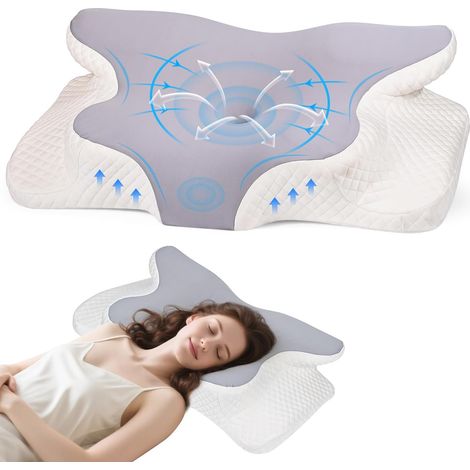 Oreiller Ergonomique Cervical, 2 en 1 Oreiller Memoire Forme, pour Dormir sur Le Côté, Le Dos et Le Ventre, 63 x 42 cm x 9/12 cm (1/5)