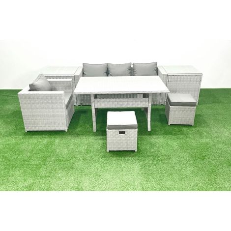Fimous Rattan Garden Furniture Dining Set 6 Seater Lounge Sofa Chair Dining Table Set with 2 Small Footstools 2 Side Tables Light Grey Mixed