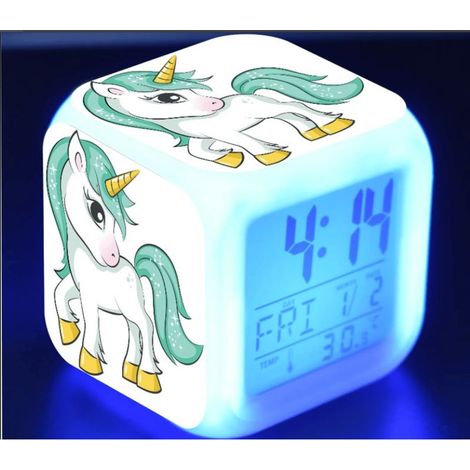 Kleiner, 3,8 cm großer, gestickter LED-Digitalwecker mit Animation für Babybetten und Kinderzimmer, wunderschönes Einhorn, grün (1/5)