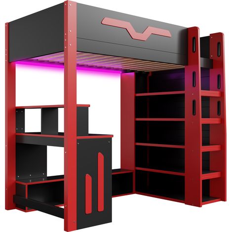 CAIziLit mezzanine 90x200 bois avec bureau, rangements, LED, escalier (1/5)