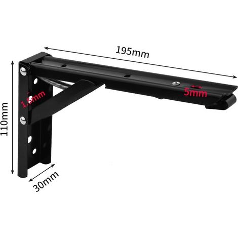 Lot de 2 supports d'angle pliables en acier inoxydable noir 8 pouces, support de planche à ressort triple pli, support de tablettes murales réglables, quincaillerie de support triangulaire pour rangem (1/5)