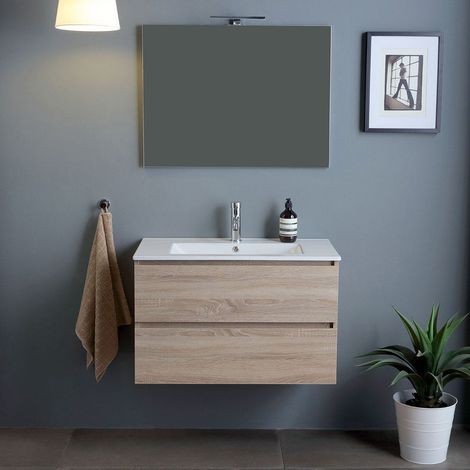 Meuble De Salle De Bains Mural Avec Tiroirs En Chêne Naturel 80Cm Berlin (1/5)