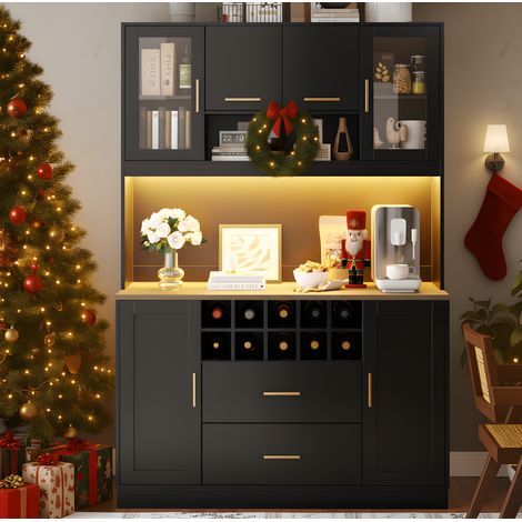 Buffet 120 x 36,3 x 180 cm avec LED, prise intégrée, 6 portes, 2 grands tiroirs, noir OKMYHOME (1/5)