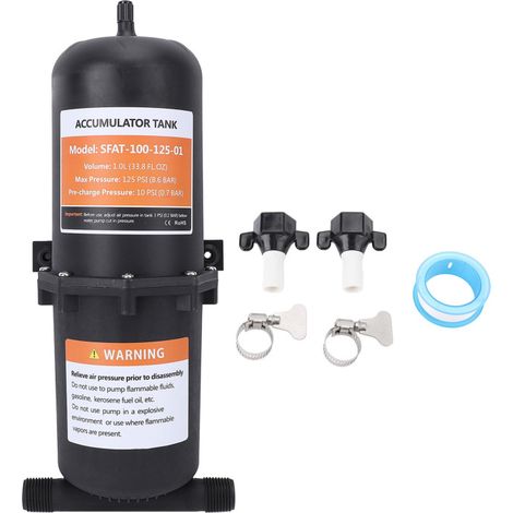 Beyamis Réservoir accumulateur pré-pressurisé 1 L 125 PSI, filetage MNPT 1/2 po, pour VR, avec 2 colliers de serrage et ruban PTFE. (1/5)