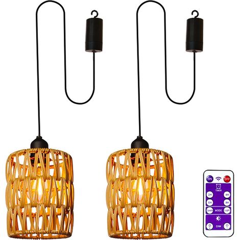 Lot de 2 suspensions en rotin avec piles, lampe fonctionnant sur piles avec abat-jour en rotin et télécommande, suspension bohème étanche sans électricité, idéale pour l'intérieur, l'extérieur, le jar (1/5)