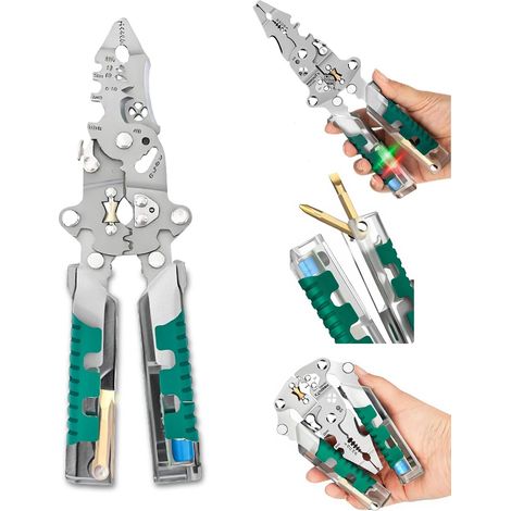 Pince à dénuder 18 en 1 - Tournevis à stylet pliable - Testeur de tension intégré - Pince multifonction compacte pour électricien (verte)