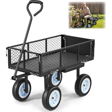 Chariot de Jardin en Acier avec Siège Max. 226,8 kg Chariot de Transport de Jardin pour Terre Bois, avec Côtés Amovibles, Tablette Latérale, Pneus PU Increvables 25,4 cm, Poignée Réglable, Noir (1/5)