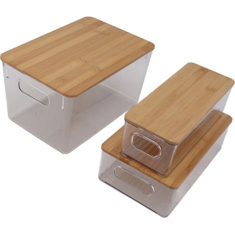 Lot de 3 boîtes de rangement multifonctionnelles transparentes, empilables et avec couvercle en bois. (1/5)